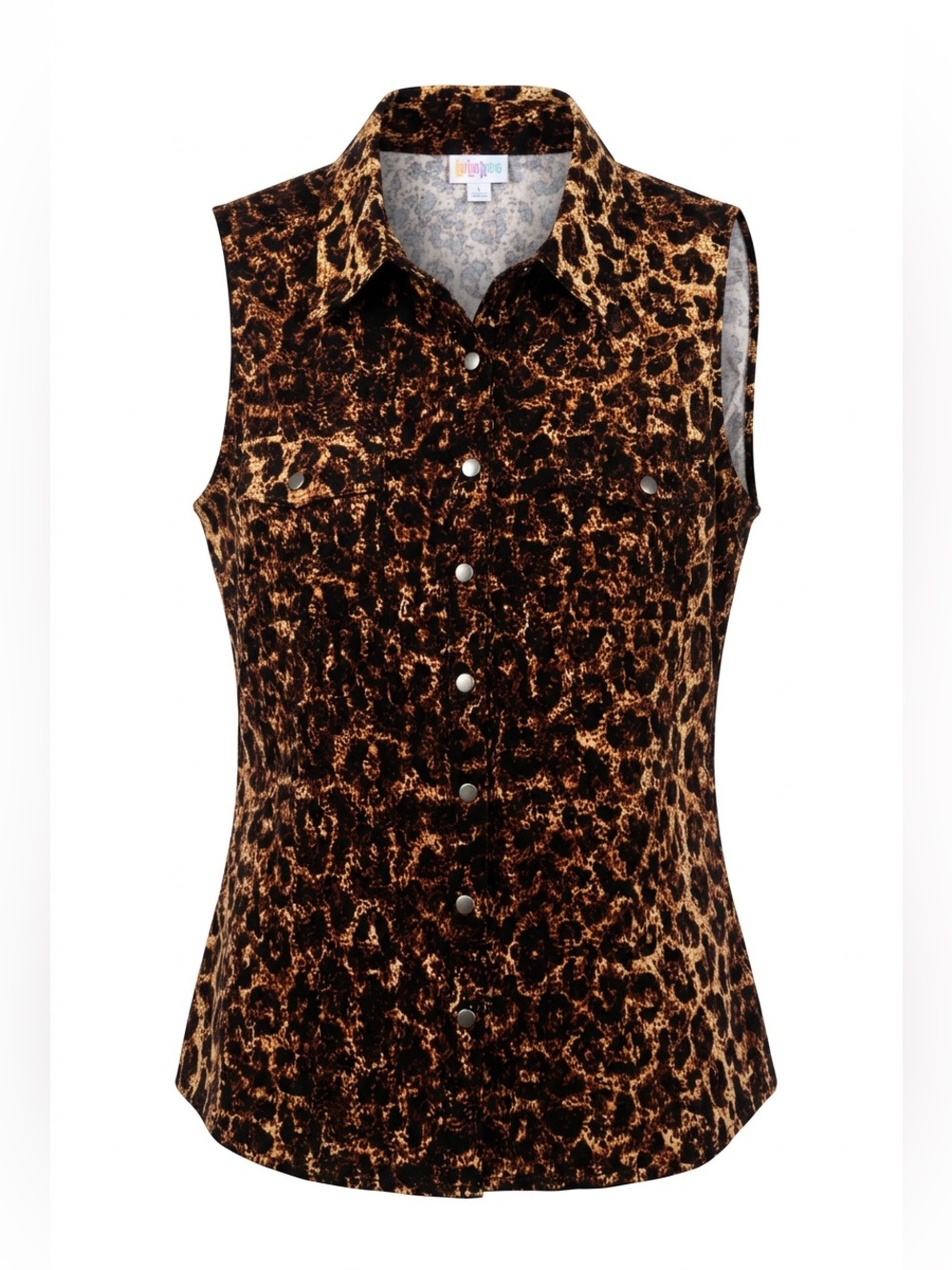 LuLaRoe Brown and Black Leopard Print Sleeveless Button-Down Top